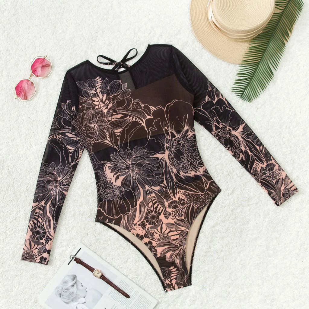 NEW Print Patchwork Sports Swimsuit for Women,Long Sleeve Zipper Conservative Bikini Monokini,beach Vacation Suit 2025