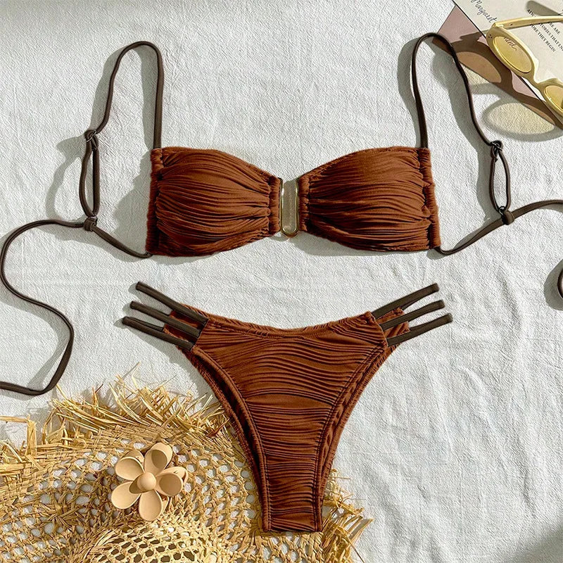 Vzvn Sexy Solid Beach Vacation Bikinis Set Women Split Swimsuit Bikini 2026 New All Season Backless Bandage Bikinis 2 Piece Set