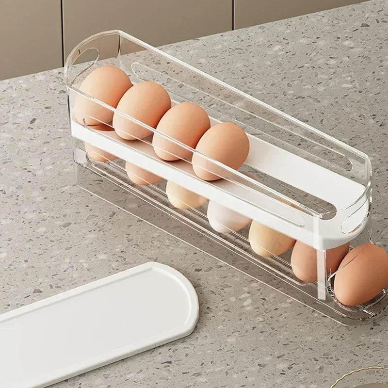 Double Layers Egg Storage Box Refrigerator Automatic Rolling Slide Egg Rack Refrigerator Side Door Freshness Box Kitchen Storage