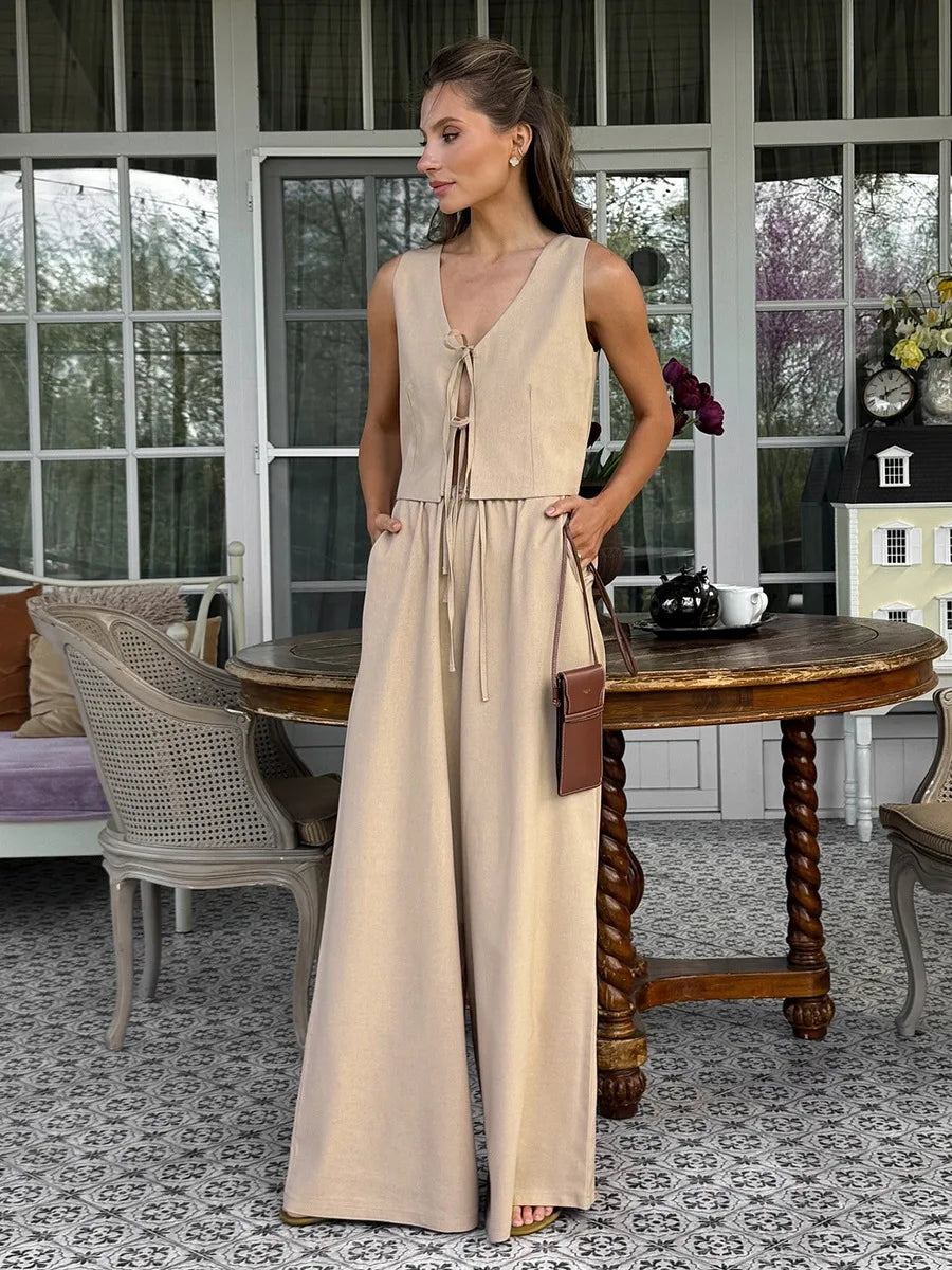 Women Spring Summer V Neck Tie Front Crop Vest High Waist Wide Leg Pants 2 Piece Set