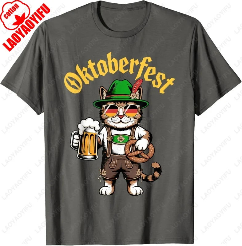 Funny Oktoberfest Cute Cat Pretzel Beer Funny Party Adults T-Shirt Fashion Y2k Streetwear Men Woman High Quality Cotton Tees