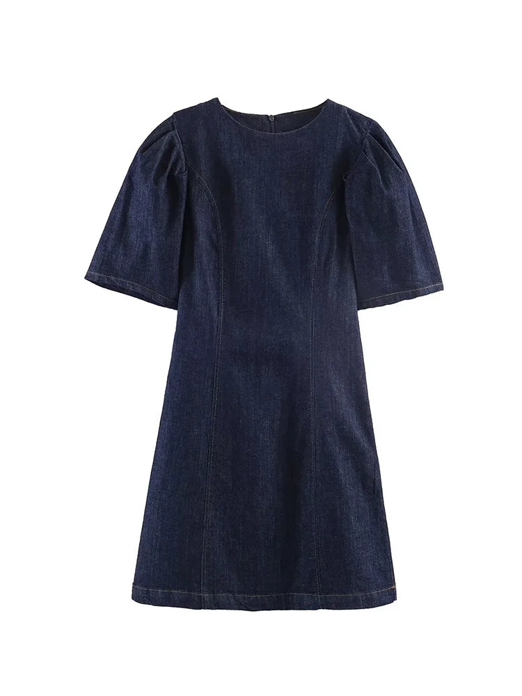 HH Summer Women Fashion O-Neck Bubble Sleeve Denim Dress Back Zipper Sexy Solid Dress Woman Holiday Party Mini 2026 Dress