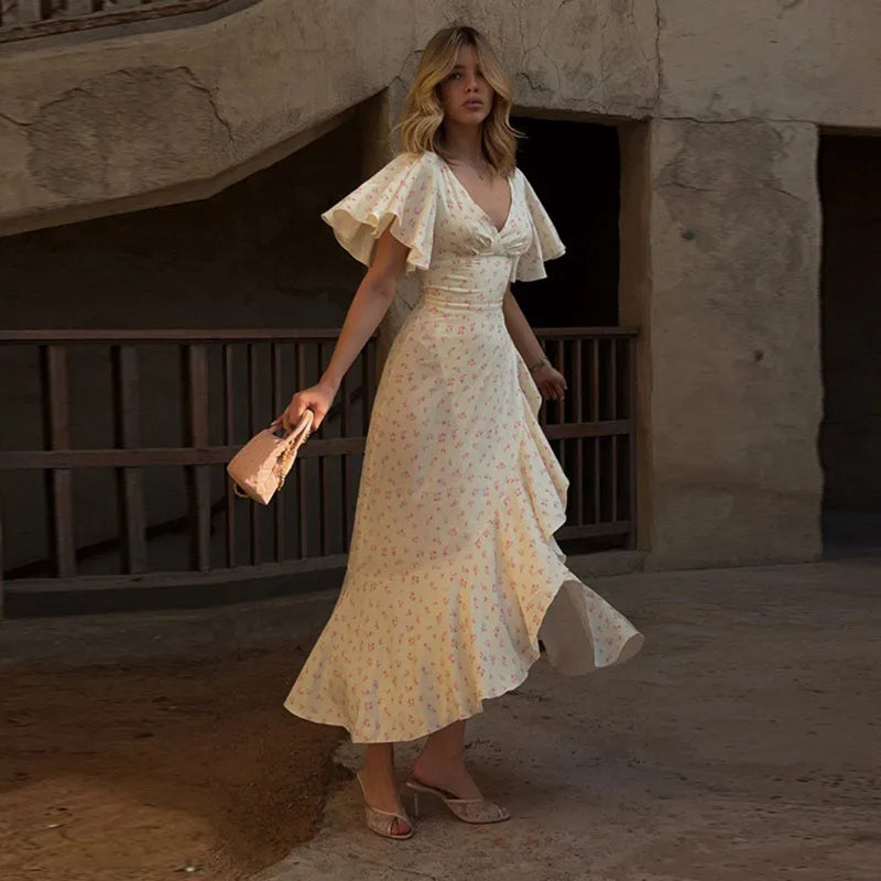 Elegant Women's Printed Lotus Leaf Long Dress Slim High Waist V-neck Short Flared Sleeve Backless Slit Dresses 2026 Summer Robe