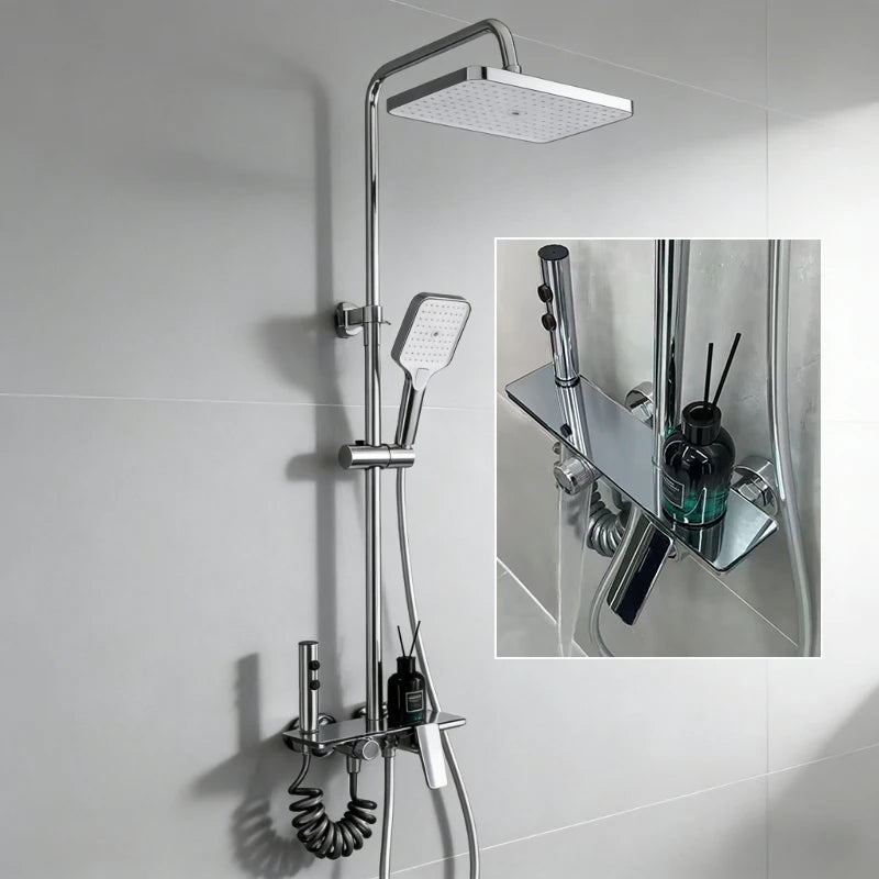 Four Ways Water Outlet Brass Bathroom Shower Set Hot Cold Bathroom Shower Faucet Full Set Grey/Chrome Rainlfall Shower System