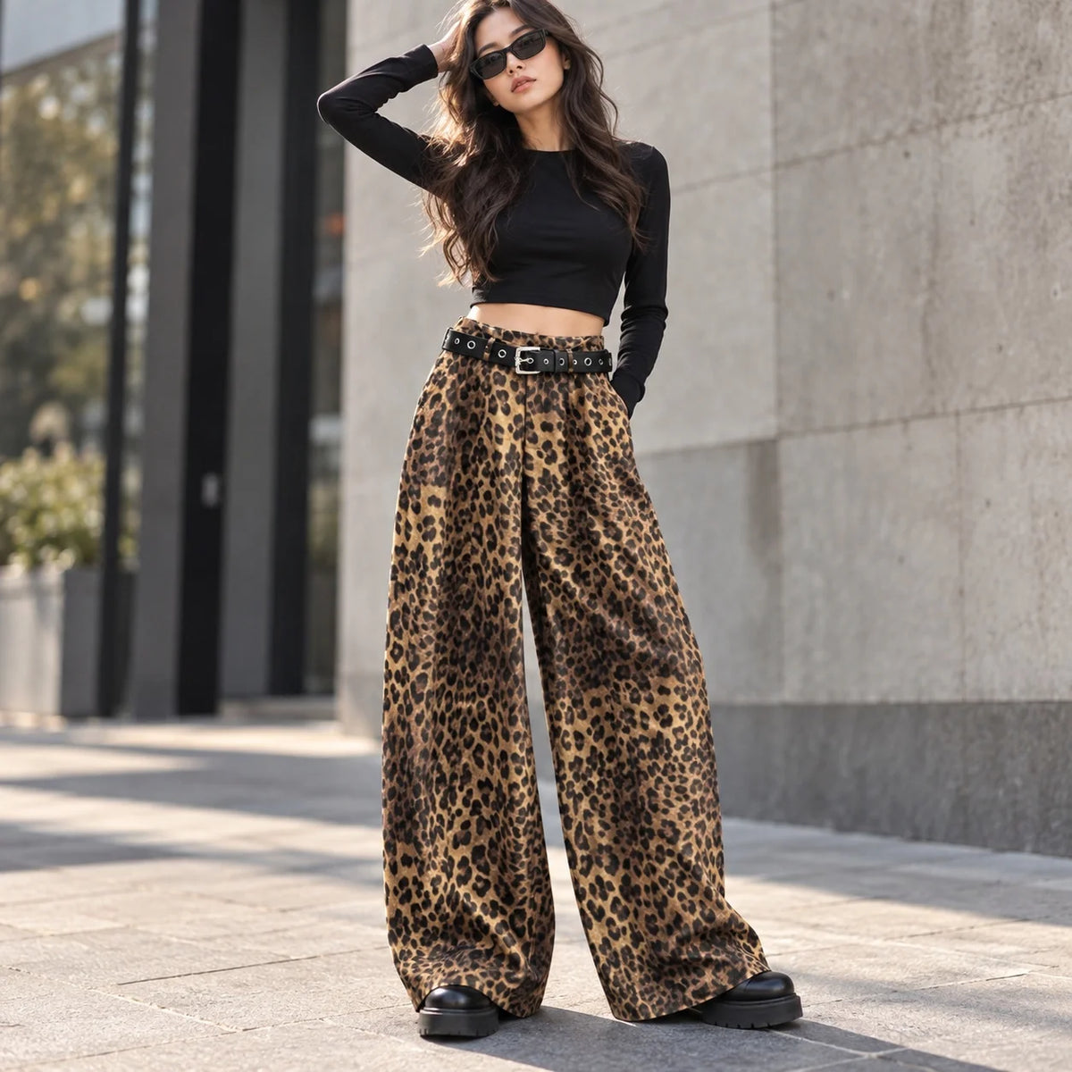 Wide Leg Leopard Print Pants Full Length Ins Style with Streetwear No Stretch Regular Thickness Belt Mid Waist Women Pants