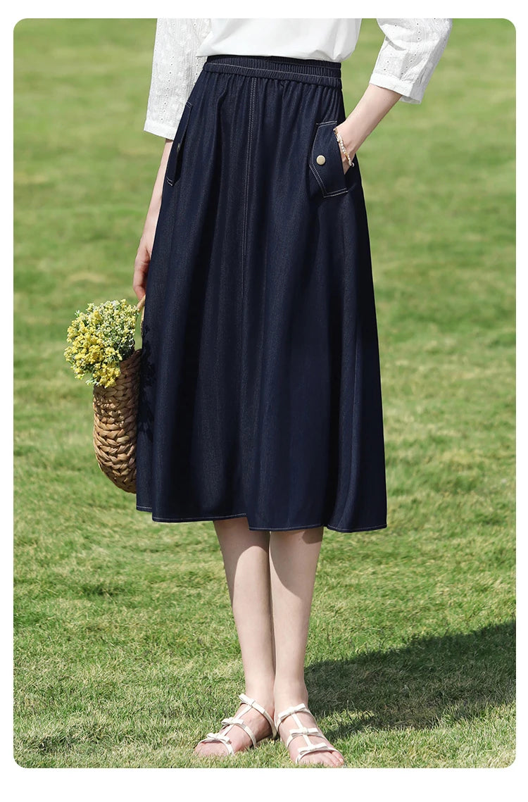 I BELIEVE YOU Dark Blue Denim Midi Skirt for Women 2026 Spring Elastic Waist Skirts Casual A-Line Skirt with Pockets 2261026207