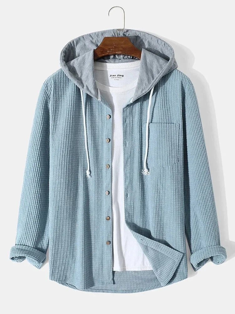 Spring Autumn Patchwork Thick Hooded Shirt Men Waffle Long sleeved Hoodie Fashion Casual Loose Sweatshirt Tops Oversized Shirts