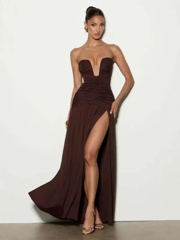 Women's Strapless Pleated High Slit Long Skirt Sexy Pure Color mid Waist Polyester Fiber V-neck Sleeveless Slim Fit Dress