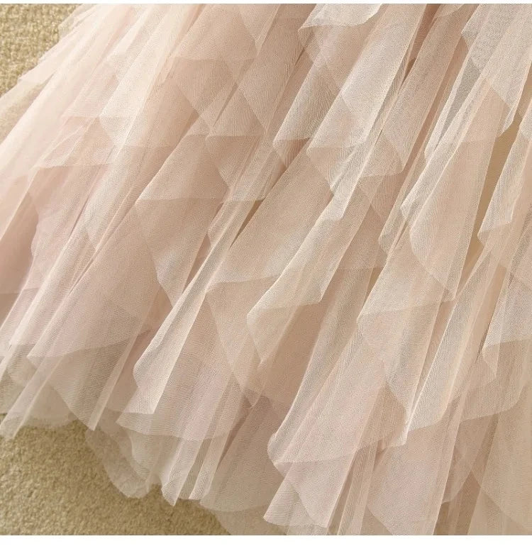 Tutu Tulle Long Maxi Skirt Women Fashion Korean Cute Pink High Waist Pleated Skirt Mesh Female Lady Aesthetic Faldas