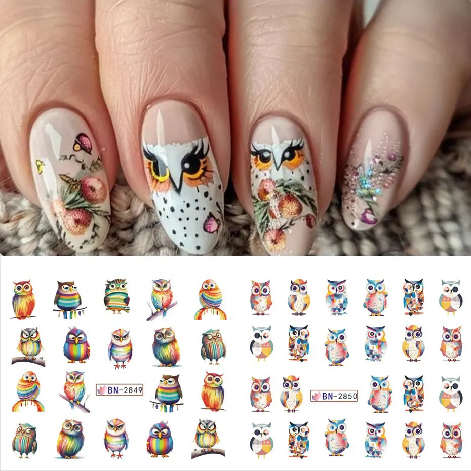 12Design Autumn Animal Nail Art Water Sticker Cartoon Owl Squirrel Fox Hedgehog Transfer Slider Fall Theme Fruits Manicure Decor
