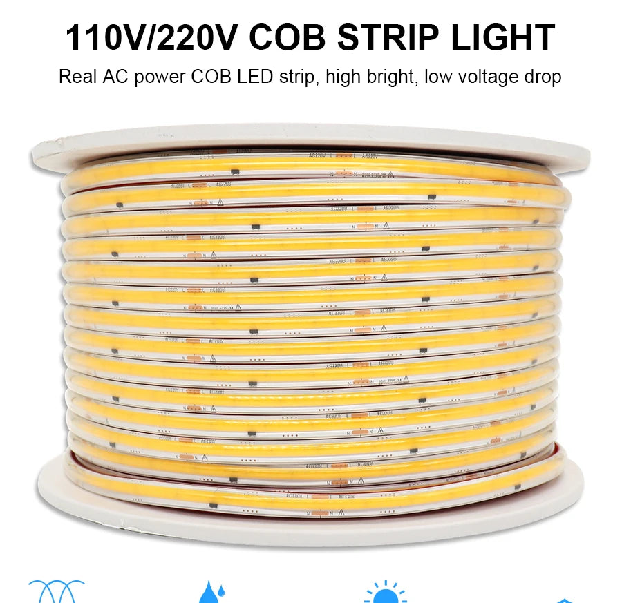1-50M 220V COB LED Strip Light High Bright Flexible Ribbon Light Tape IP68 Waterproof Outdoor Garden LED Strip 3000K 4000K 6000K