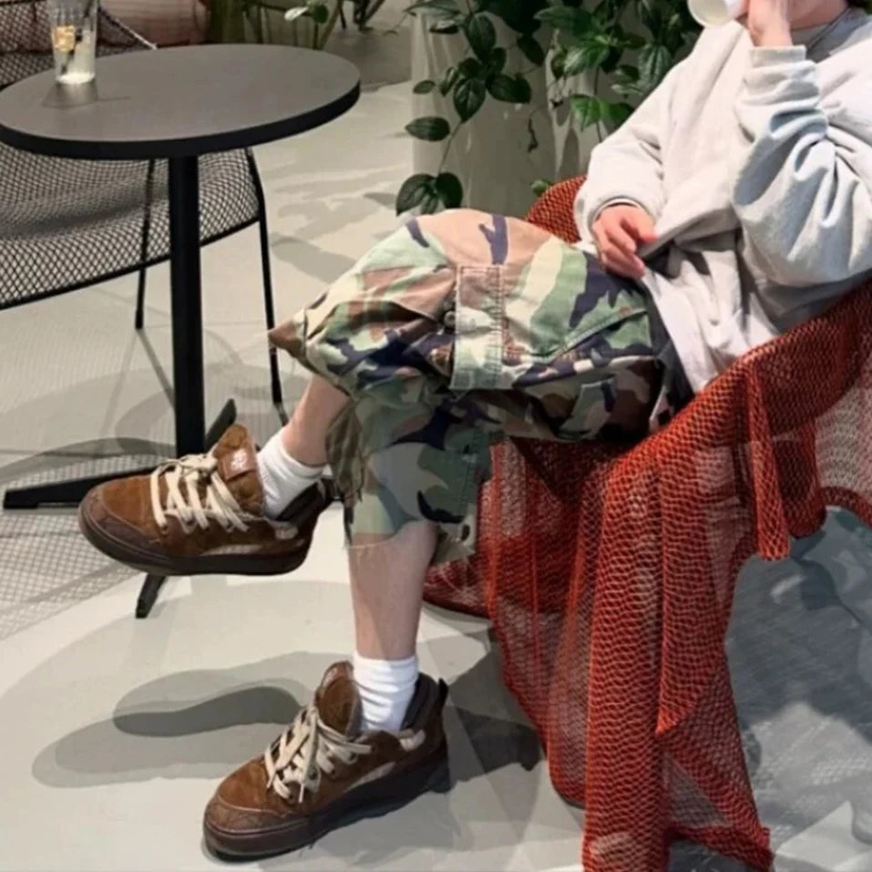 M65 Silhouette Camouflage Cargo Cropped Shorts for Men Wide Leg Patchwork Baggy Summer Shorts Oversized Loose Over Knee Pants