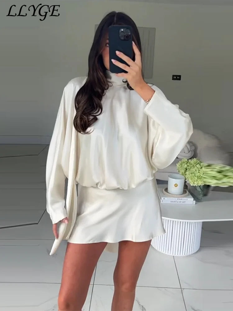 Elegant Lace Up Satin Short Dress Women Pleated Half High Collar Long Sleeve Female Dresses 2025 Autumn Lady Evening Robes