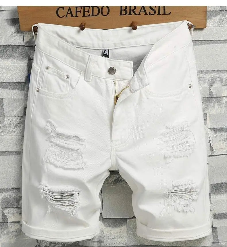 Men's Denim Shorts 2025 Summer Y2k Streetwear Ripped Casual Denim Knee Length Solid Jeans Shorts White New Classic Jeans Shorts