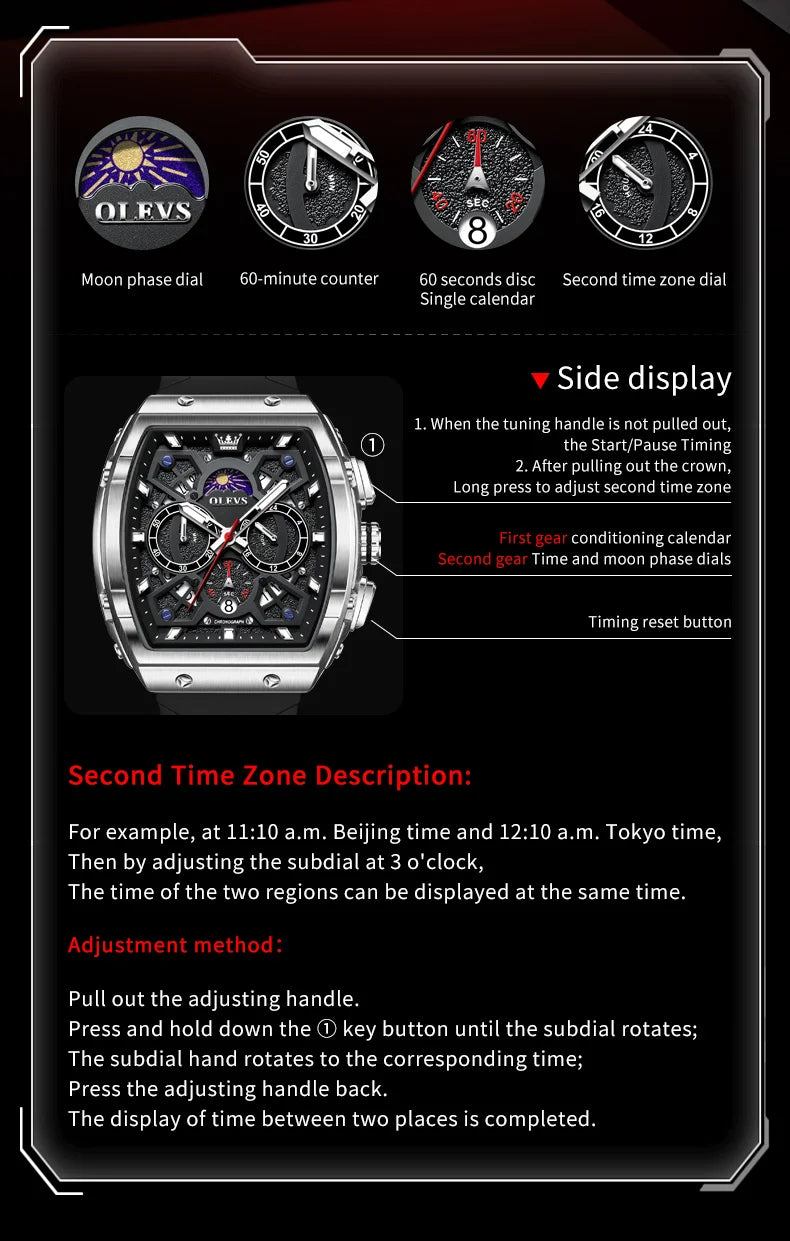OLEVS 2942 Mens Watch Quartz Watch Multifunctional Chronograph Watches For Men 30M Waterproof Luminous Moon Phase Box Original