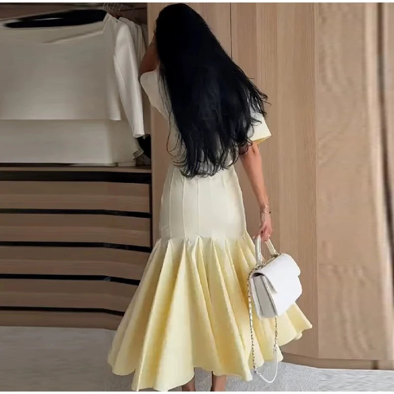 Elegant Pleated Waist-cinching Long Dress Women's Sexy V-neck Short Sleeve Bodycon Dresses 2026 Summer New Lady Solid Robes
