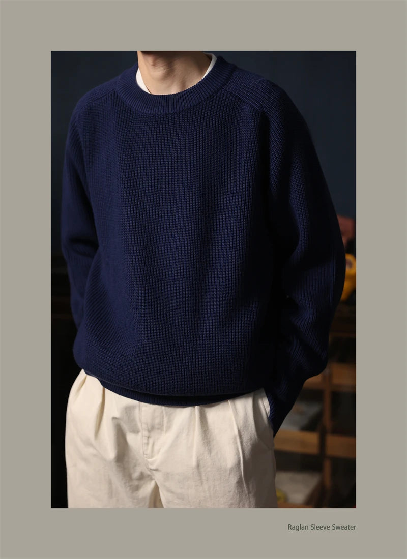 Classic Raglan Sleeve Crewneck Sweater Vintage Style Men's Wool Blend Knitted Pullover Jumper Thick