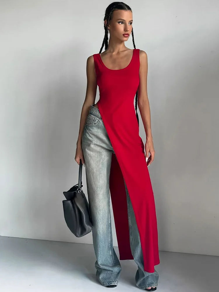 Sexy Sleeveless Side High Split Midi Dress Backless Women's Summer Party Club Streetwear Y2K Style Solid Color