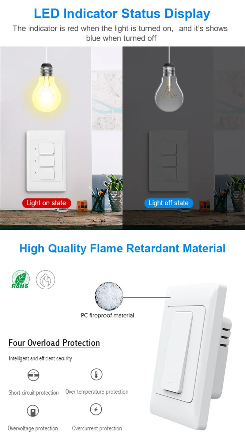 Tuya WiFi Light Switch Smart Wall Push Button Switches No Neutral Required 110-240V 1/2/3 Gang Physical Lamp Switch APP Voice