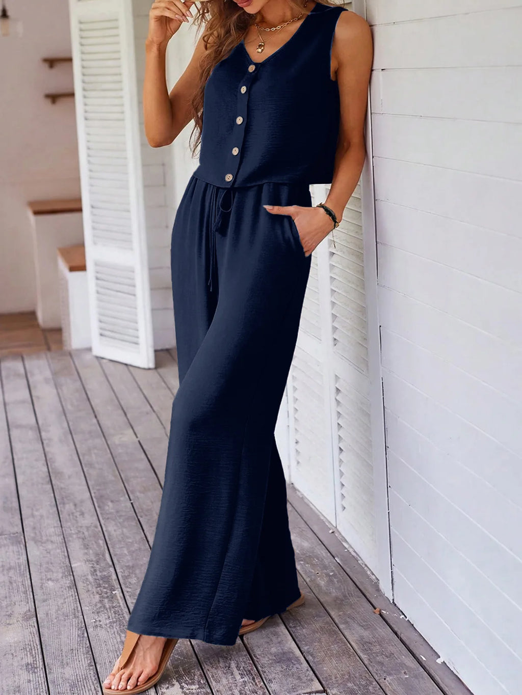 Fashion Single Breasted Vest Women's Trousers 2-piece Set Summer Elegant Casual Loose Wide-leg Pants Pocket Female Office Suit