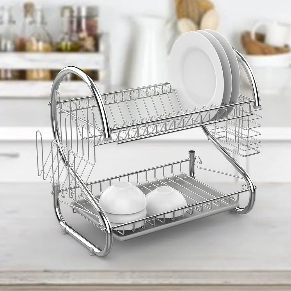 Kitchen Cutlery Organizer 2 Tier S-Shaped Dish Drainer Space-saving Metal Dish Drying Rack Stable Cup Drainer Chopsticks