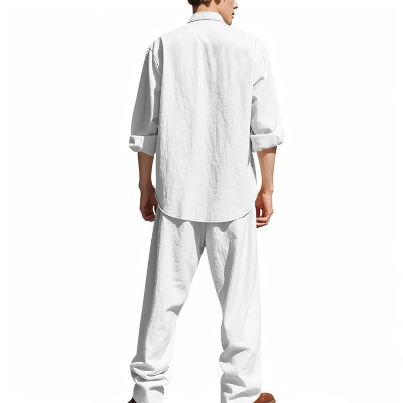 Tracksuit 2025 Seasons Linen Men's Casual Loose Breathable Long sleeved Pants Shirt Beach Set in Stock Male  Clothing Big Size