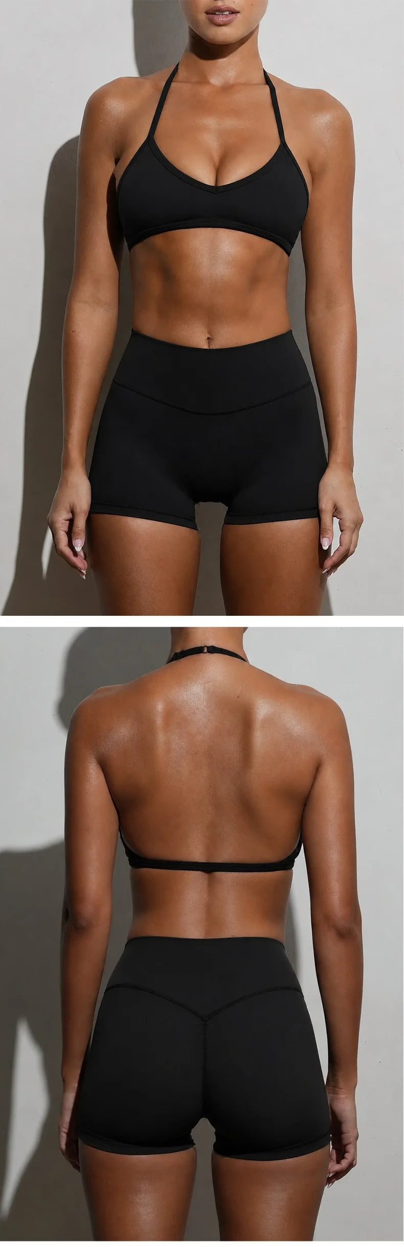 2PCS Women Yoga Set Solid Color Beautiful Back Hanging Neck Bra with Chest Pad Quick-Dry Fitness Running Shorts Yoga Set
