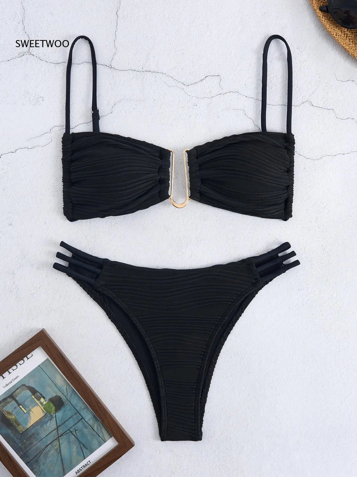 Color Block Ruched Bikini Swimsuit Thin Shoulder Straps Square Metal Ring Bikini Top Multi Strap Brief Fashion Bathing Suit
