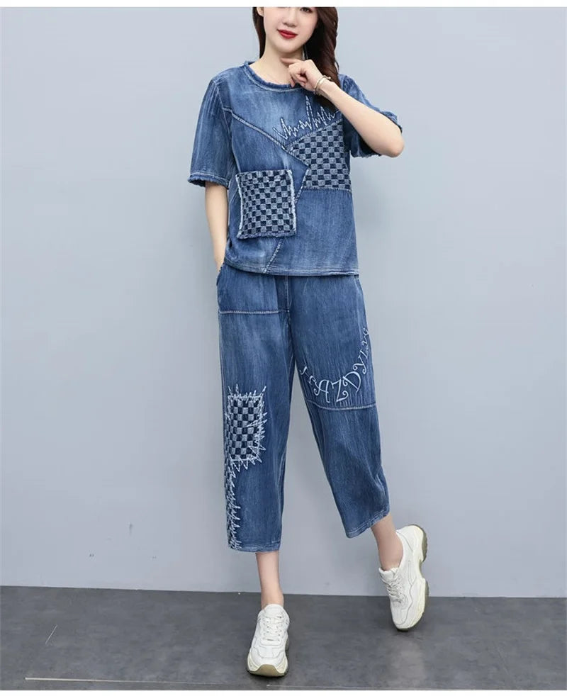 2026 Summer Women Embroidered Mosaic Lattice Denim Two-Piece Suit Fashion Sportswear Female Casual Loose 2 Piece Set Ladies
