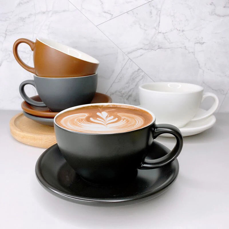 European Style Matte Latte Cup Ceramic Cappuccino Cup Large Mouth Coffee Cup Plate Set Handmade Craftsmanship 300ml