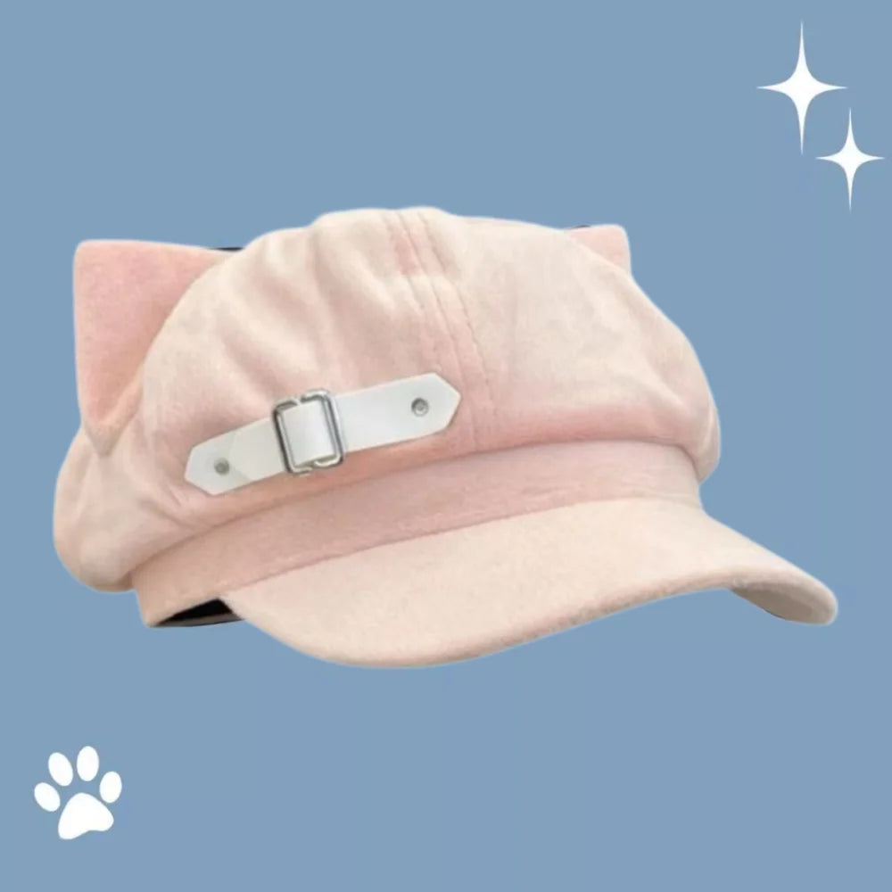 Cute Cat Ears Women's Beret Anime Cat Paw Pattern Newsboy Cap Japanese Style Sweet Baseball Cap Everyday Outfits