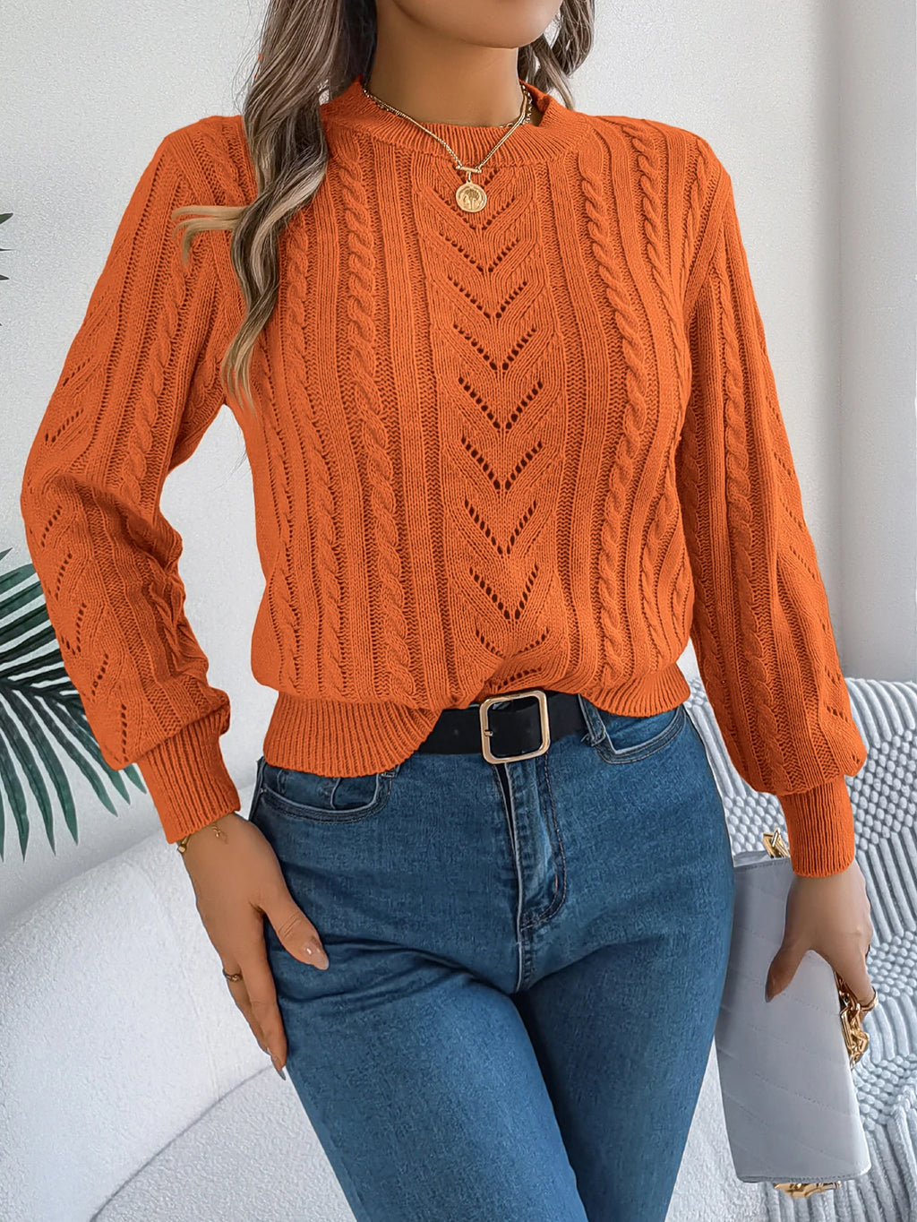 Women Solid Openwork Knit Pullover Round Neck Long Sleeve Cozy Fall Winter Resort Ready Sweater Top