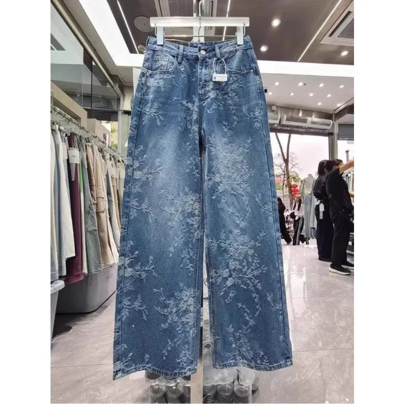 Korean Niche Jacquard Wide-leg Jeans Women Summer Trousers New Design Sense High-waist Casual Straight-leg Floor-length Pants