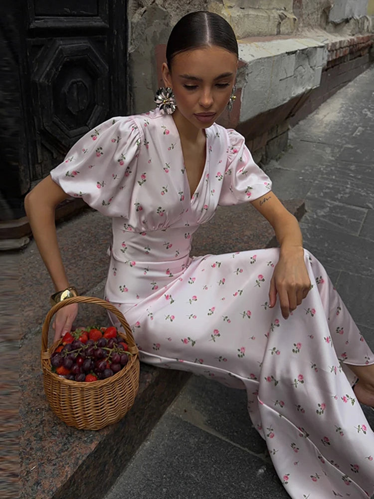 Casual Print Long Slim Dress Women Short Puff Sleeve Closed Waist V-neck Dresses Female 2026 Summer Autumn Lady Robes Chic