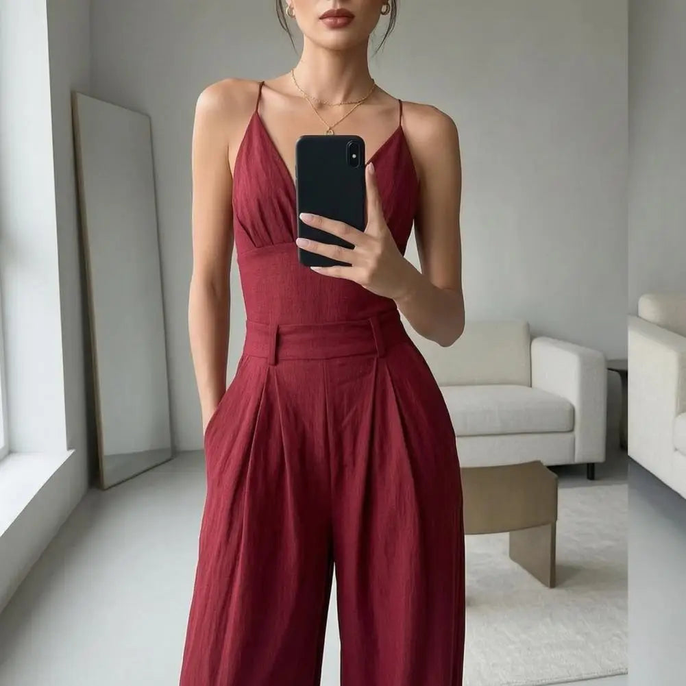 Elegant Sexy V-Neck Spaghetti Strap Jumpsuit Women High Waist Wide Leg Casual Romper Spring Boho Solid Backless Pockets Overalls
