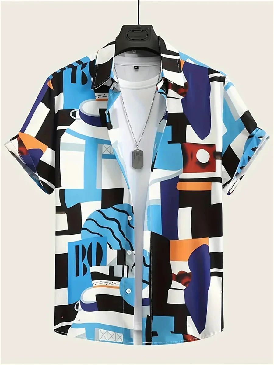 Men's Short-Sleeve Casual Loose-Fitting Lapel Hawaiian Shirt with Blue and White Porcelain Floral Print, New Summer Shirt