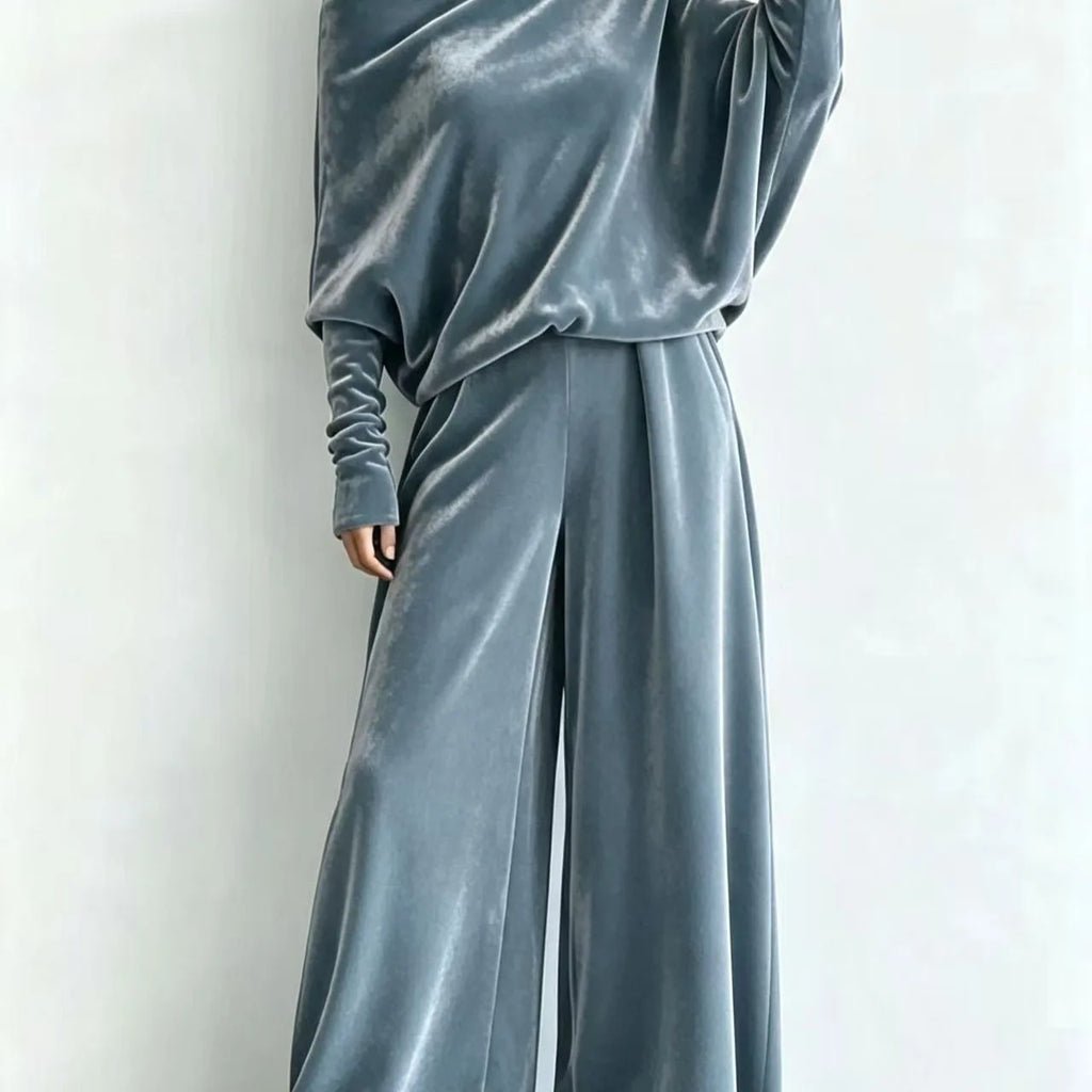 Women's Suit Two Piece Pants Set One Shoulder Batwing Sleeve Velvet Wide Leg Trousers Loose Fit Autumn Winter Tracksuit