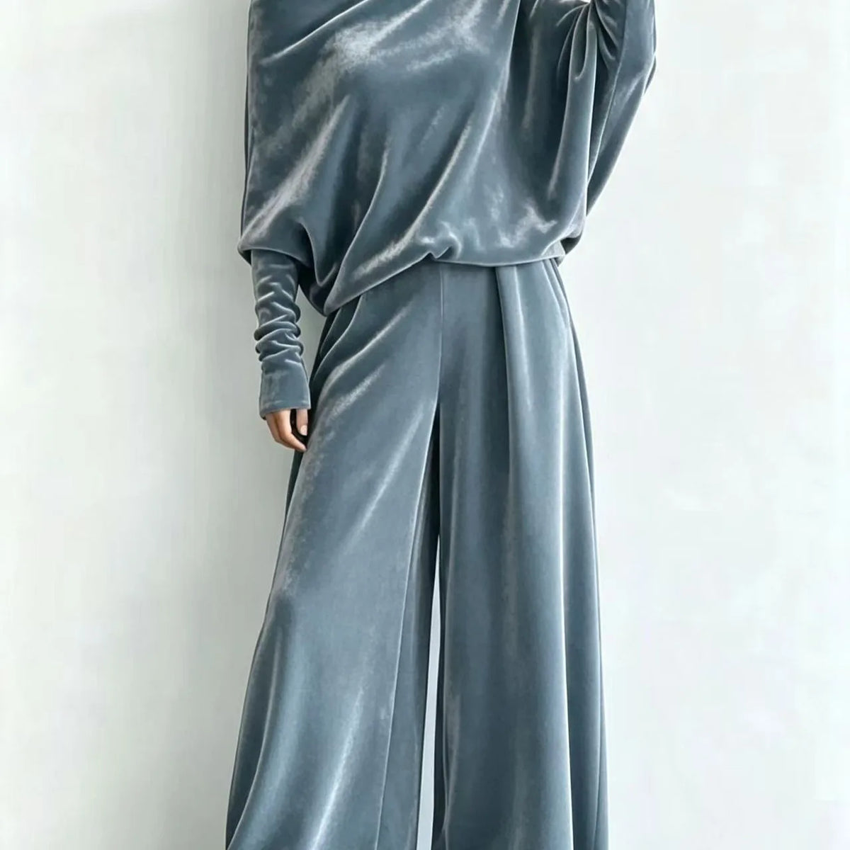 Women's Suit Two Piece Pants Set One Shoulder Batwing Sleeve Velvet Wide Leg Trousers Loose Fit Autumn Winter Tracksuit