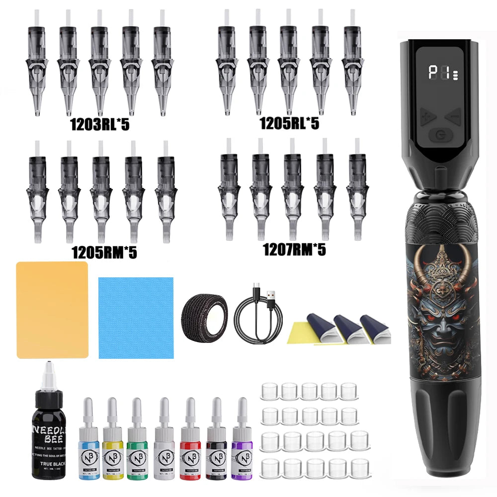 Demon Pattern Wireless Tattoo Pen Kit, LED Screen, 20 Needle Cartridges, Inks  Full Tattoo Accessories