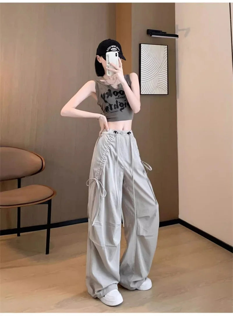 2026 Spring Summer New Women Pants Drawstring High Waisted Female Wide Leg Trousers Casual Vintage Korean Ladies Slim Work Pants