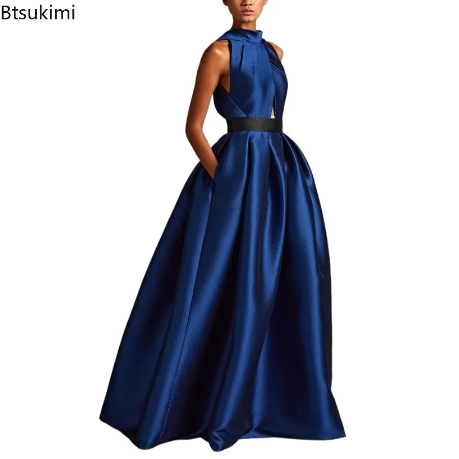 2026 Elegant Halter Satin Party Dresses for Women Spring Sexy Draped Solid Slim Long Dress Woman Hollow Out Pocket Evening Dress