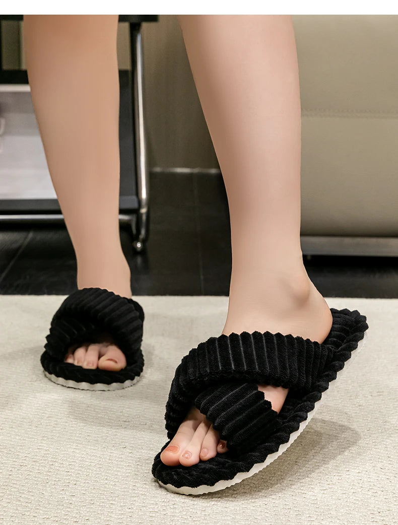 Fashion Corduroy Cross Band Open Toe Home Slippers Women Autumn Winter Warm Plush Slides Ladies Bedroom Soft Sole Slippers