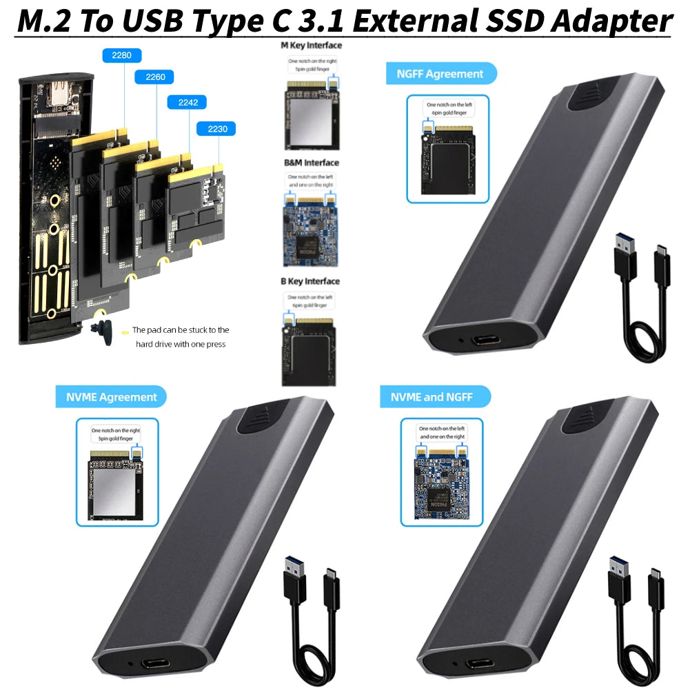 NVME SSD M2 Case NVME/SATA Dual Protocol M.2 to USB Type C 3.1 10gbps SSD Adapter for NVME PCIE NGFF SATA hard drive enclosure