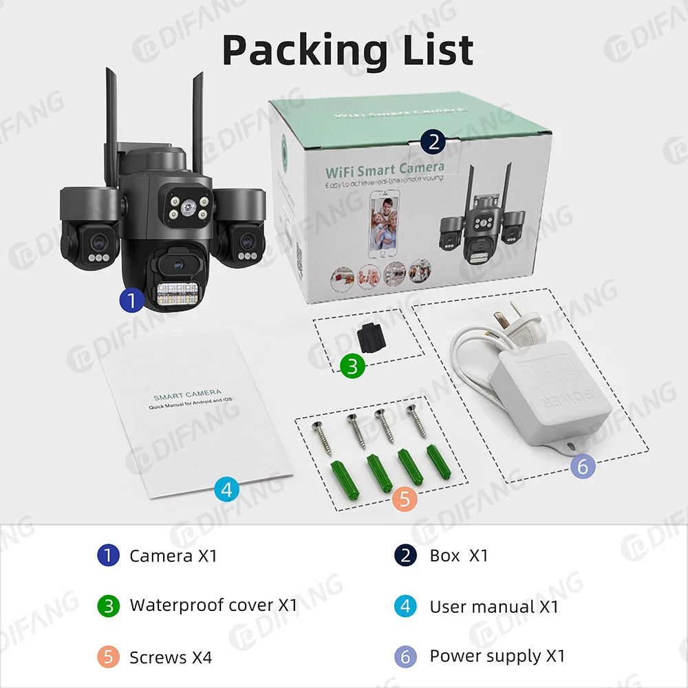 Icsee 3 Lens 3 Screen WIFI Security Camera Outdoor PTZ PIR Human Detection Auto Tracking Night Vision Surveillance CCTV