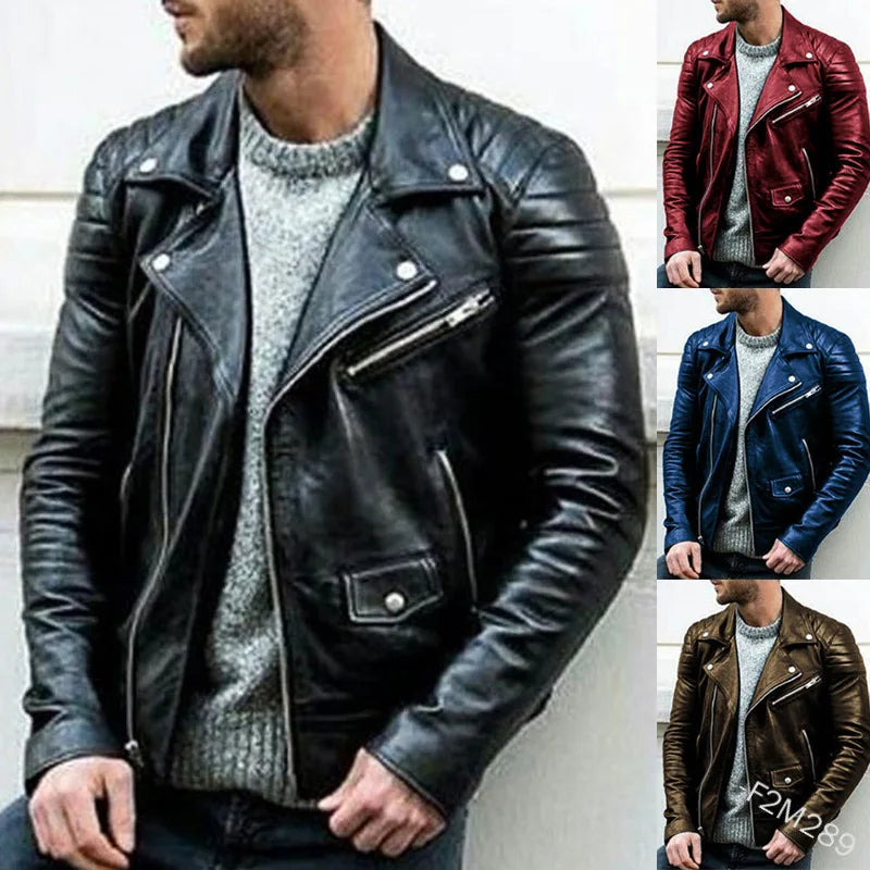 Men PU Leather Coat Teen Stand Collar Punk Male Motorcycle Leather Jackets Faux Leather Zipper  Handsome Coats Jackets