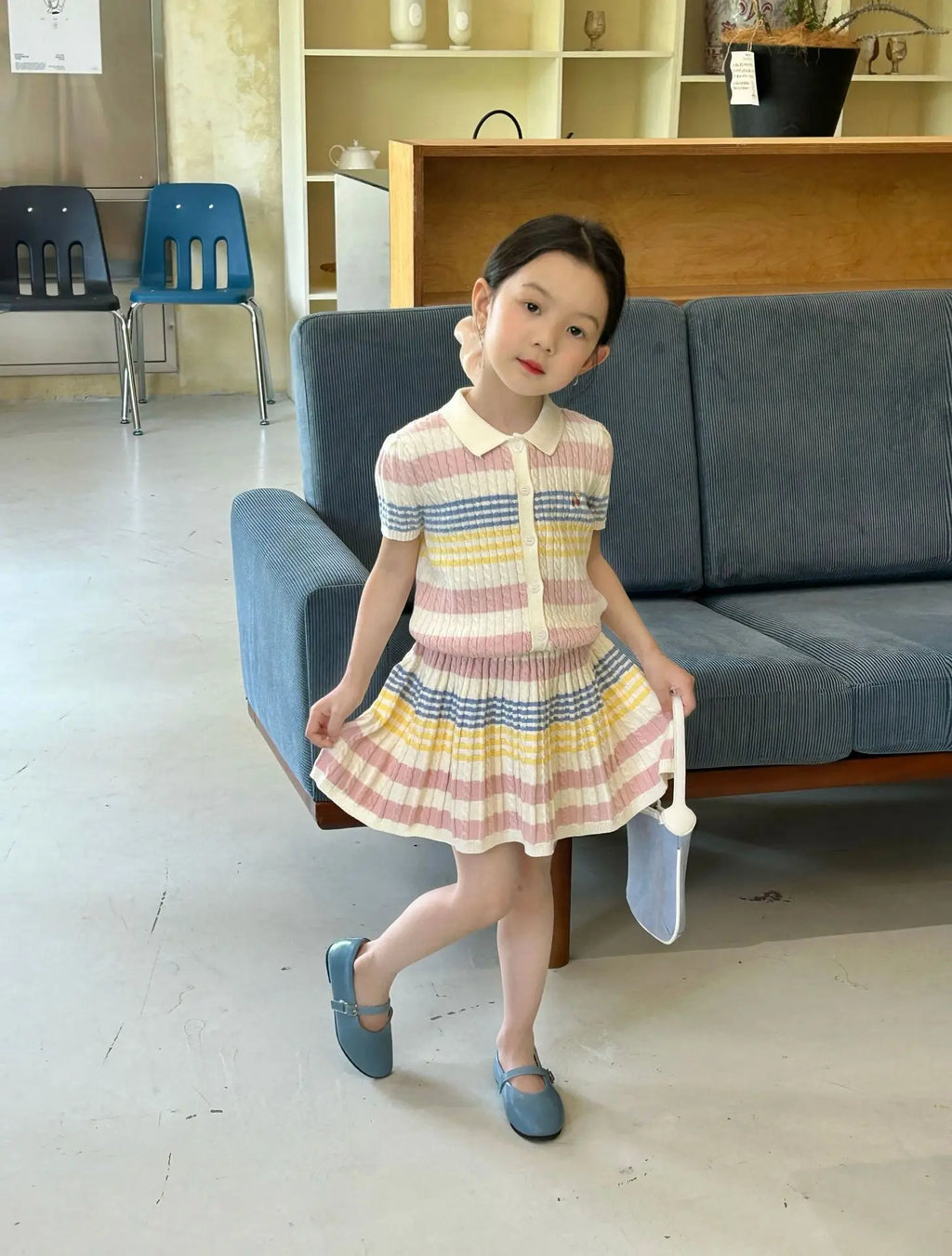 Girls Suit 2025 Summer New Childrens Clothing Korean Style Girl Baby Stripe Tie-in Color Cardigan Skirt Two Sets of Casual Daily