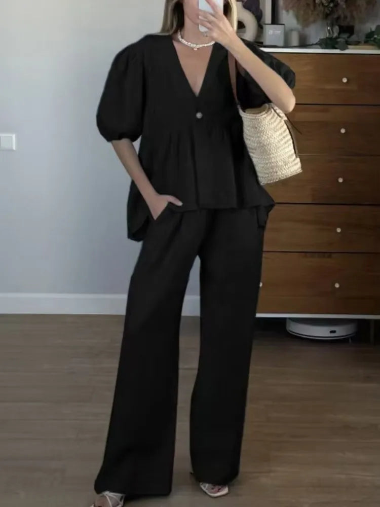 Elegant Solid 2 Piece Sets Women New Fashion Puff Short Sleeve V-Neck Button Top Wide Leg Pants Suit Casual Streetwear Outfit