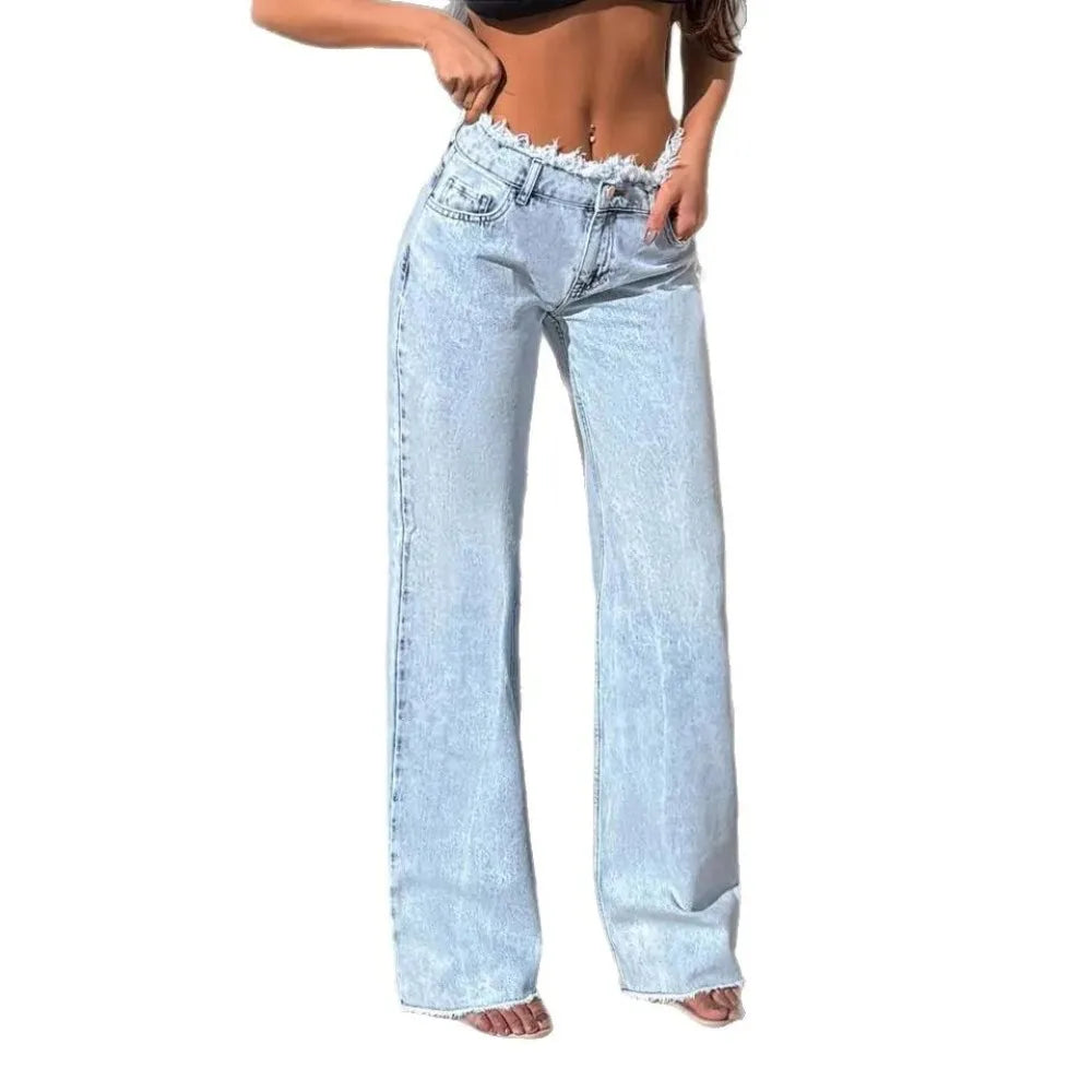 Women Distressed Vintage Jeans Straight High Waist Ankle Length Pants Washed Denim Jean Zipper Fly Spliced Loose Fit Basics