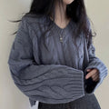 Vintage Twist Cropped Sweater Pullover Women Autumn Winter Loose V-Neck Knitted Jumper Lazy Style Classic Long Sleeve Knitwear