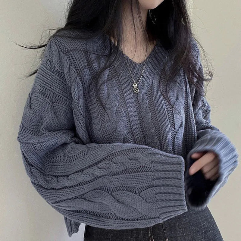 Vintage Twist Cropped Sweater Pullover Women Autumn Winter Loose V-Neck Knitted Jumper Lazy Style Classic Long Sleeve Knitwear
